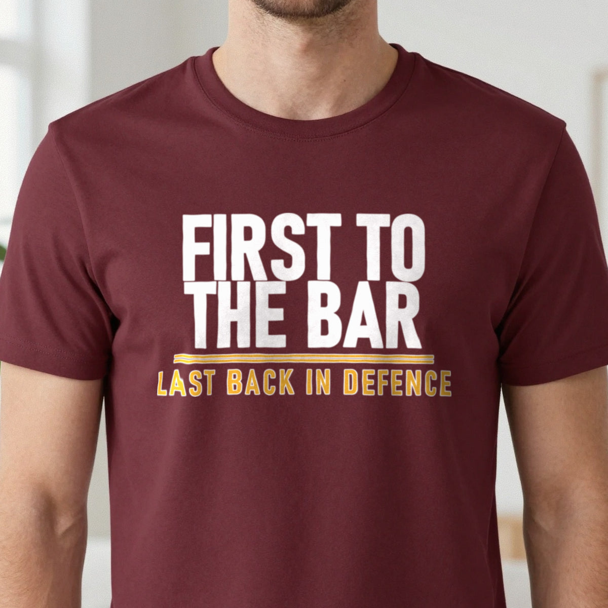 First To The Bar Last Back In Defence Funny Football T-Shirt & Sweatshirt close-up