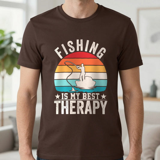 Fishing Is My Best Therapy T-Shirt in Dark Chocolate, worn, our photo