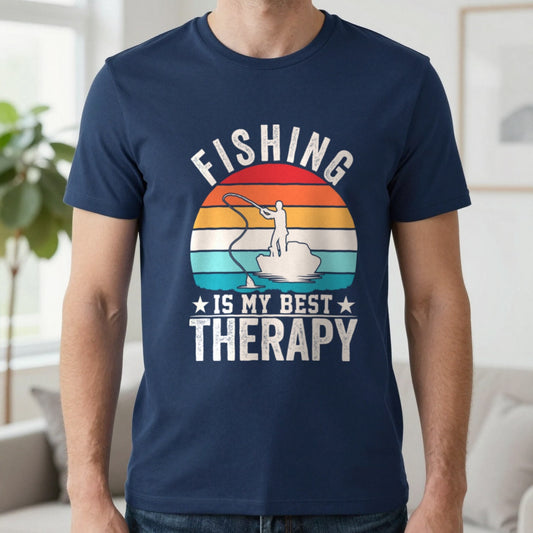 Fishing Is My Best Therapy T-Shirt in Navy, worn, our photo