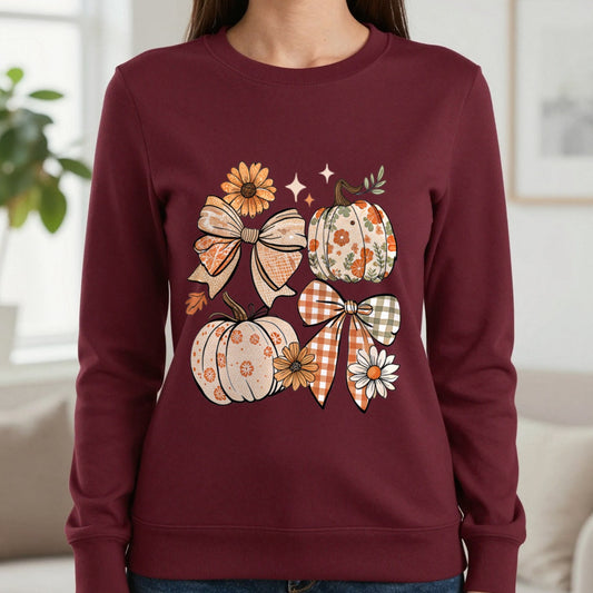 Floral Pumpkin Bow Sweatshirt in Maroon, worn, our photo