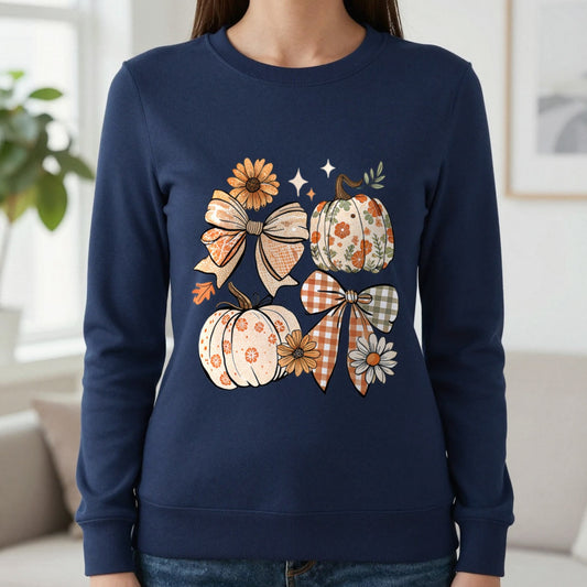 Floral Pumpkin Bow Sweatshirt in Navy, worn, our photo