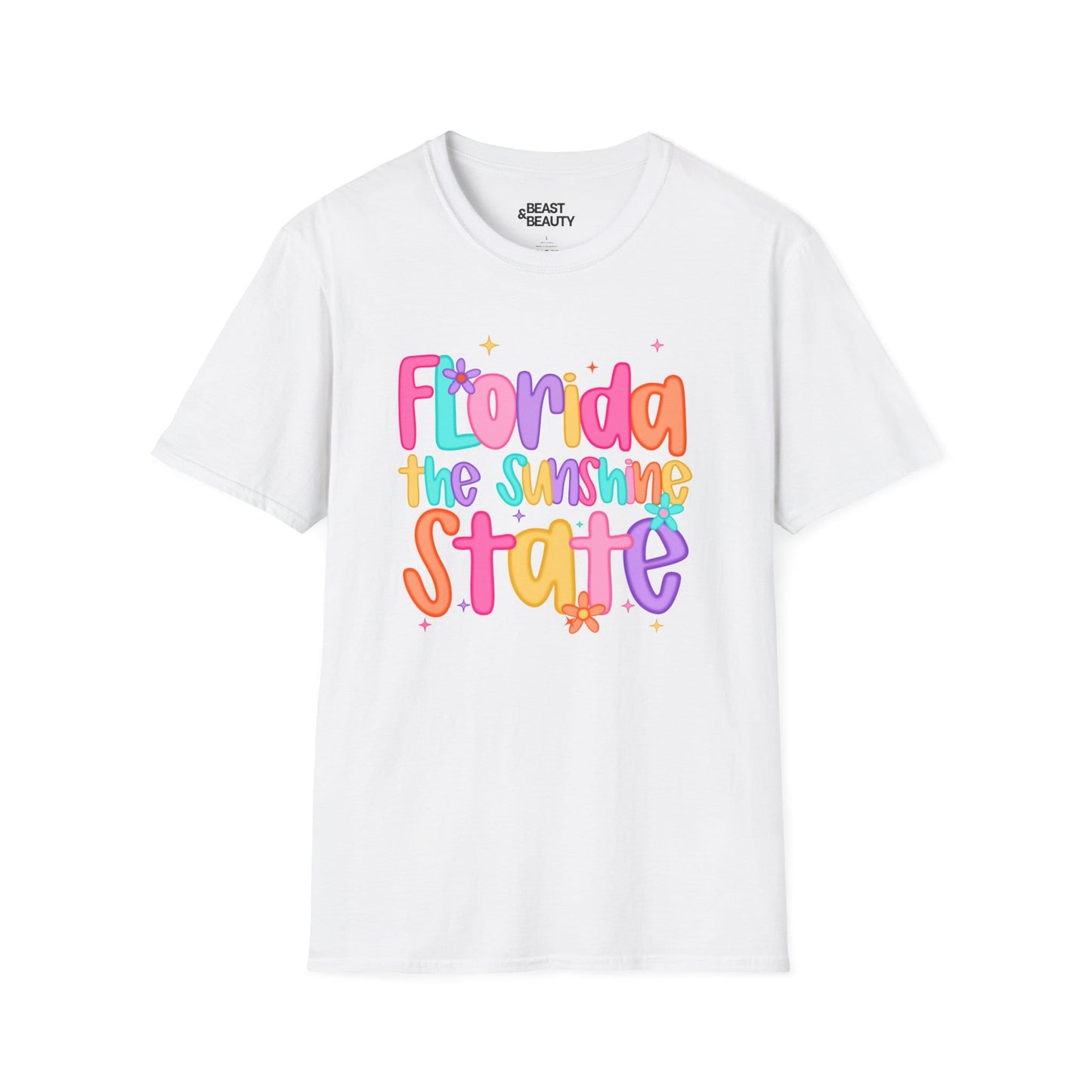 white t-shirt with florida sunshine state colorful print