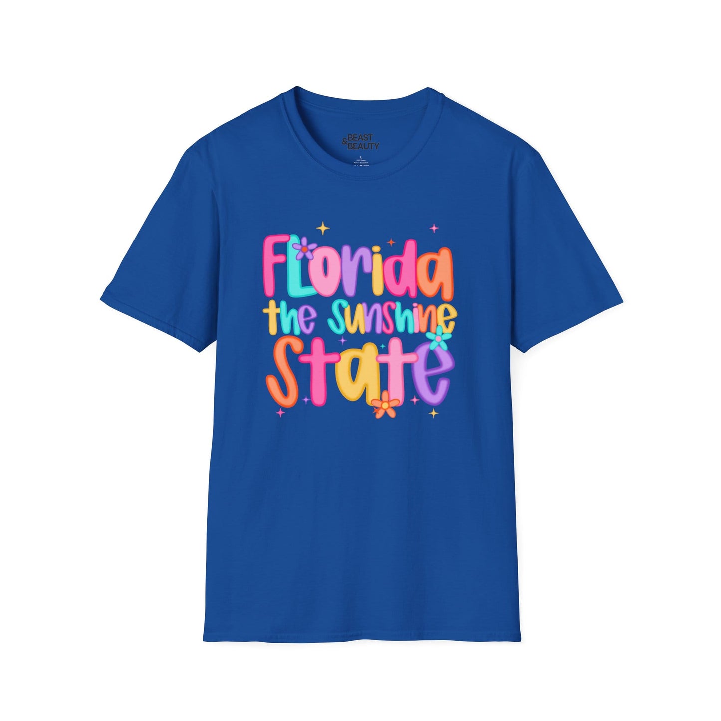 royal blue t-shirt with florida sunshine state printed design