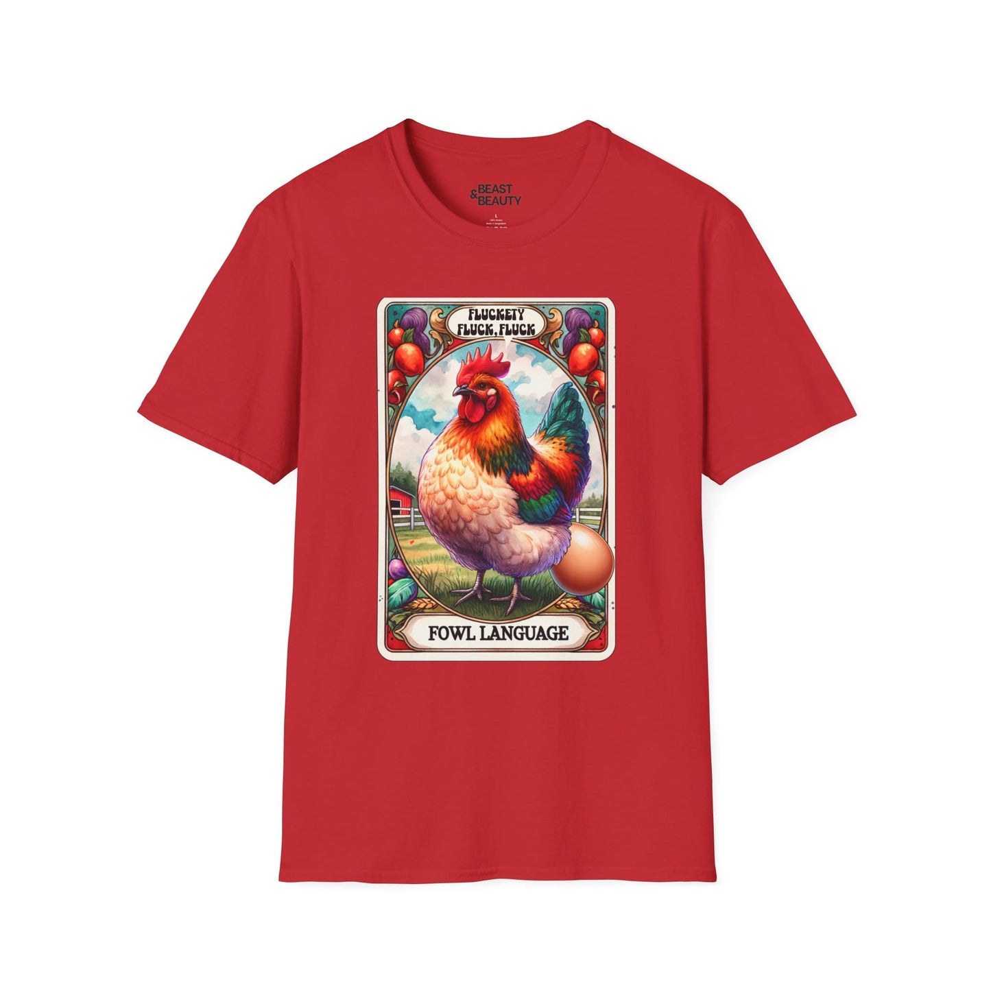 light blue t-shirt back view fowl language chicken print
