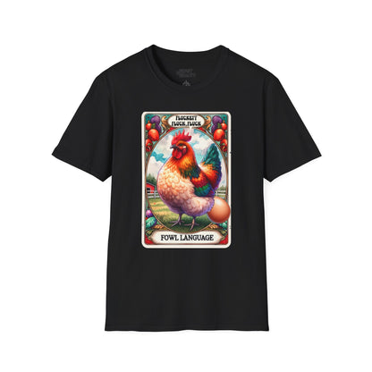 military green t-shirt with fowl language tarot chicken design