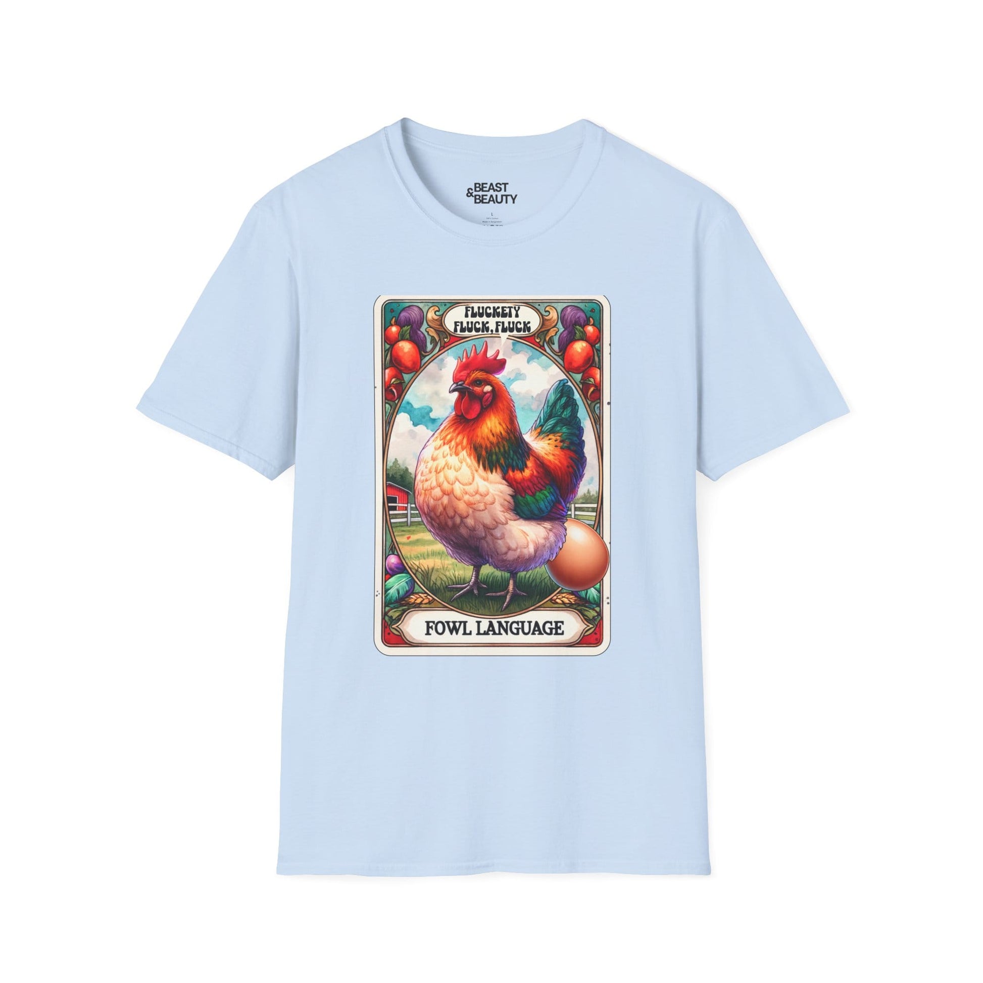 black t-shirt with fowl language sarcastic chicken graphic