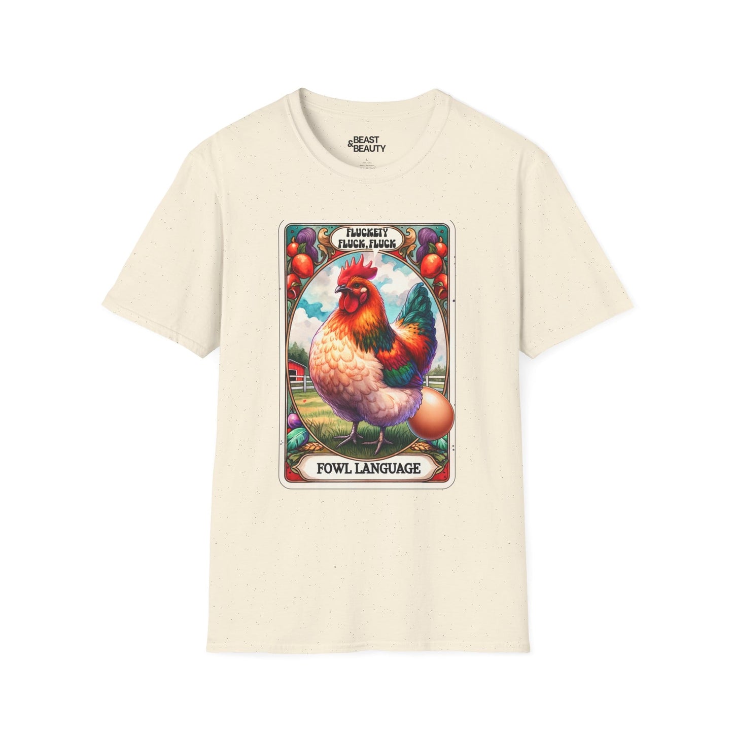 white t-shirt with bold fowl language chicken tarot print