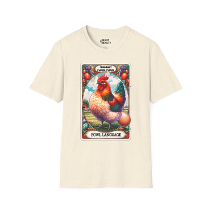 white t-shirt with bold fowl language chicken tarot print