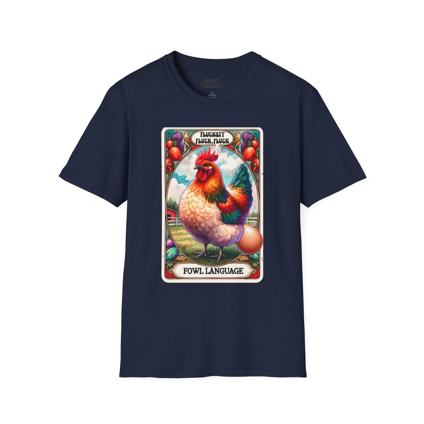 navy t-shirt with fowl language chicken tarot graphic