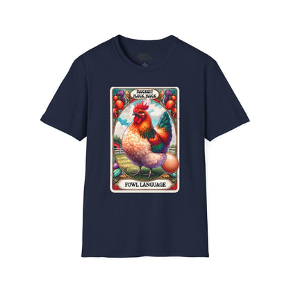 navy t-shirt with fowl language chicken tarot graphic