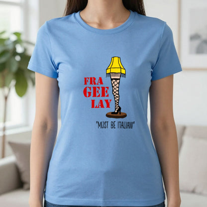 Fra-Gee-Lay Leg Lamp Christmas T-Shirt & Sweatshirt in Carolina Blue, worn, our photo