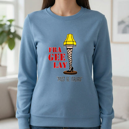 Fra-Gee-Lay Leg Lamp Christmas T-Shirt & Sweatshirt in Indigo Blue, worn, our photo