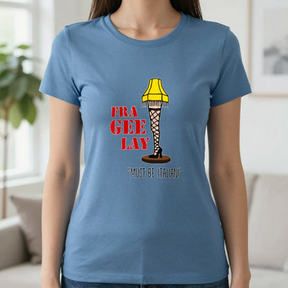 Fra-Gee-Lay Leg Lamp Christmas T-Shirt & Sweatshirt in Indigo Blue, worn, our photo
