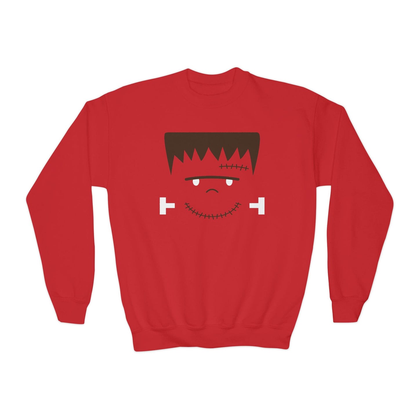 red kids sweatshirt with boldly printed frankenstein halloween design