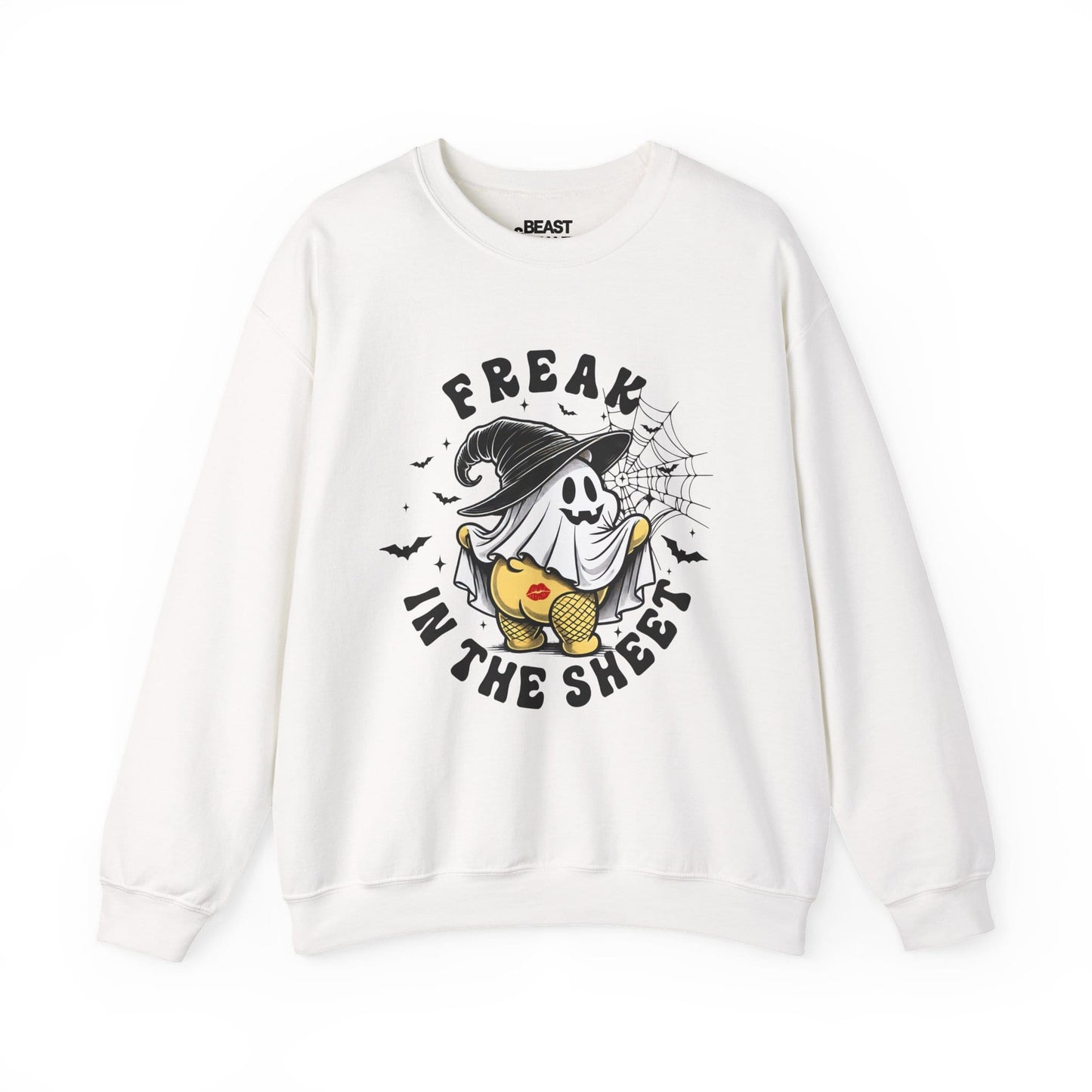 white sweatshirt with playful freak in the sheet halloween graphic