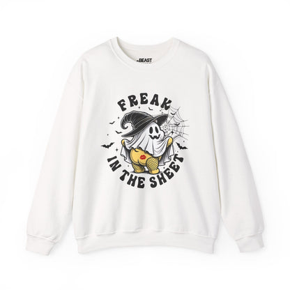 white sweatshirt with playful freak in the sheet halloween graphic