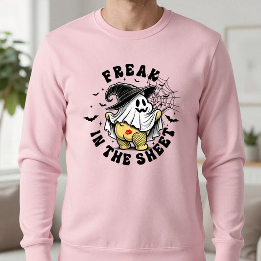 Freak In The Sheet Halloween Sweatshirt in Light Pink, worn, our photo