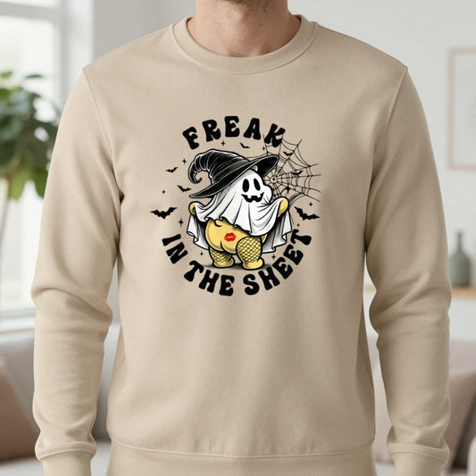 Freak In The Sheet Halloween Sweatshirt in Sand, worn, our photo