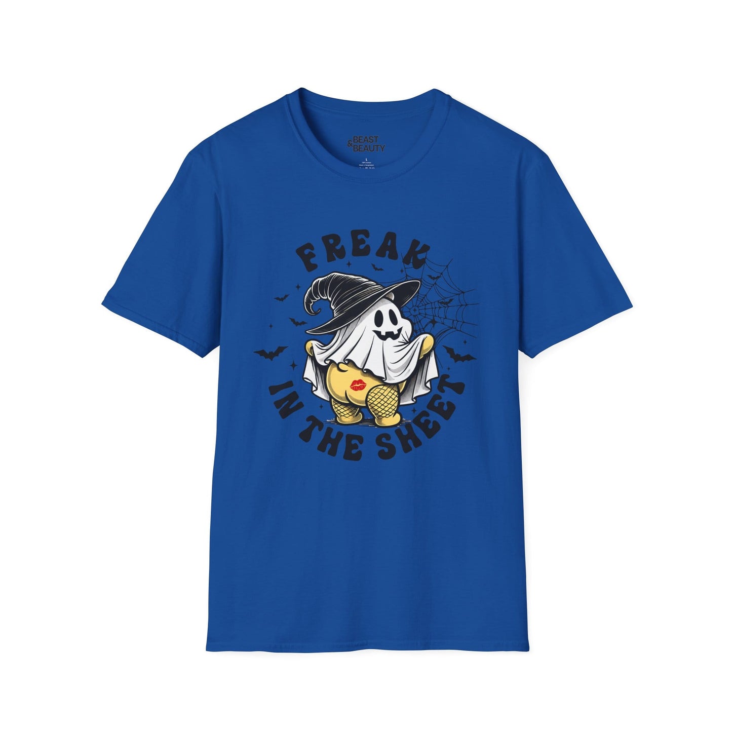 light blue halloween t-shirt with bold freak in the sheet graphic