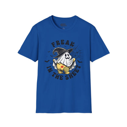 light blue halloween t-shirt with bold freak in the sheet graphic