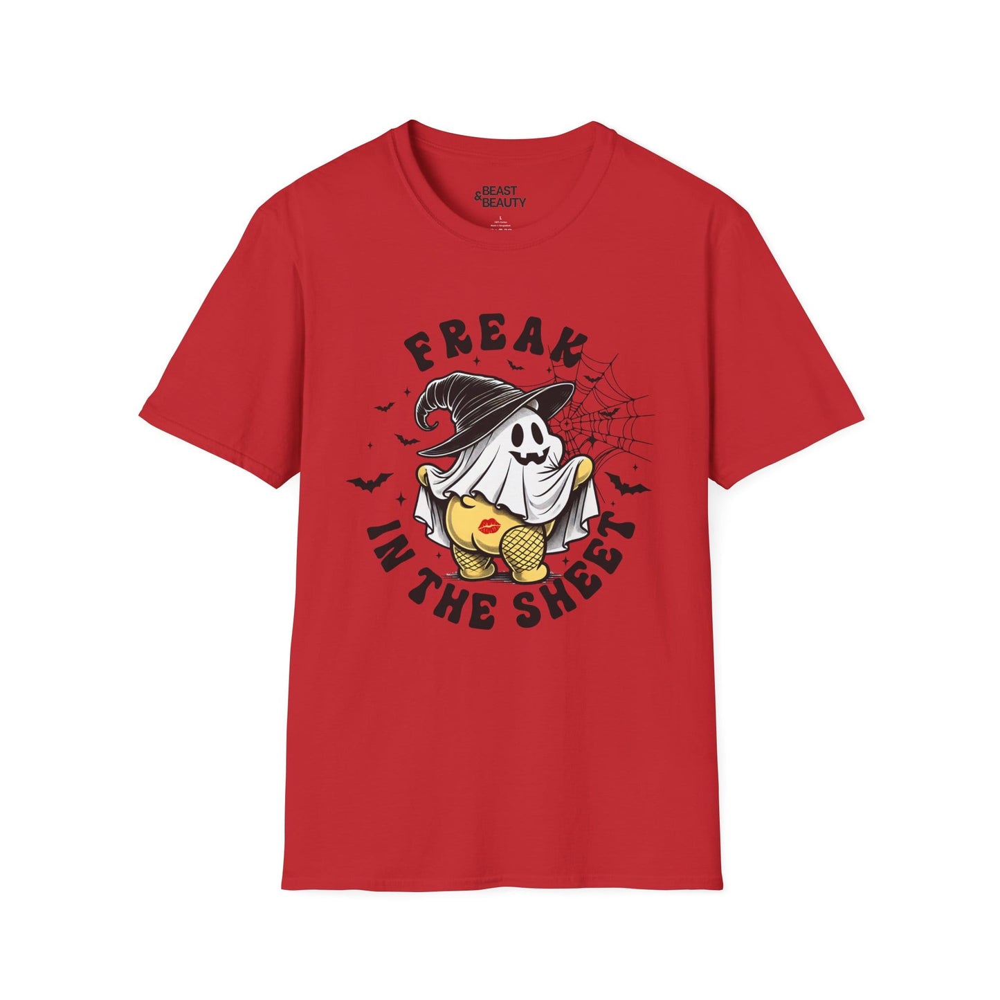 white t-shirt with retro freak in the sheet halloween ghost print