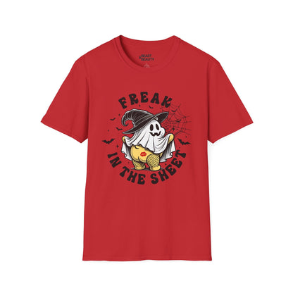 white t-shirt with retro freak in the sheet halloween ghost print