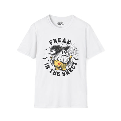 red t-shirt with playful freak in the sheet retro ghost graphic