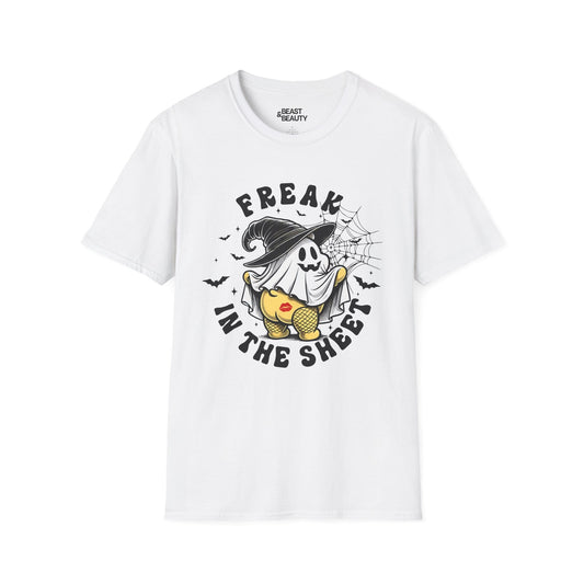 red t-shirt with playful freak in the sheet retro ghost graphic