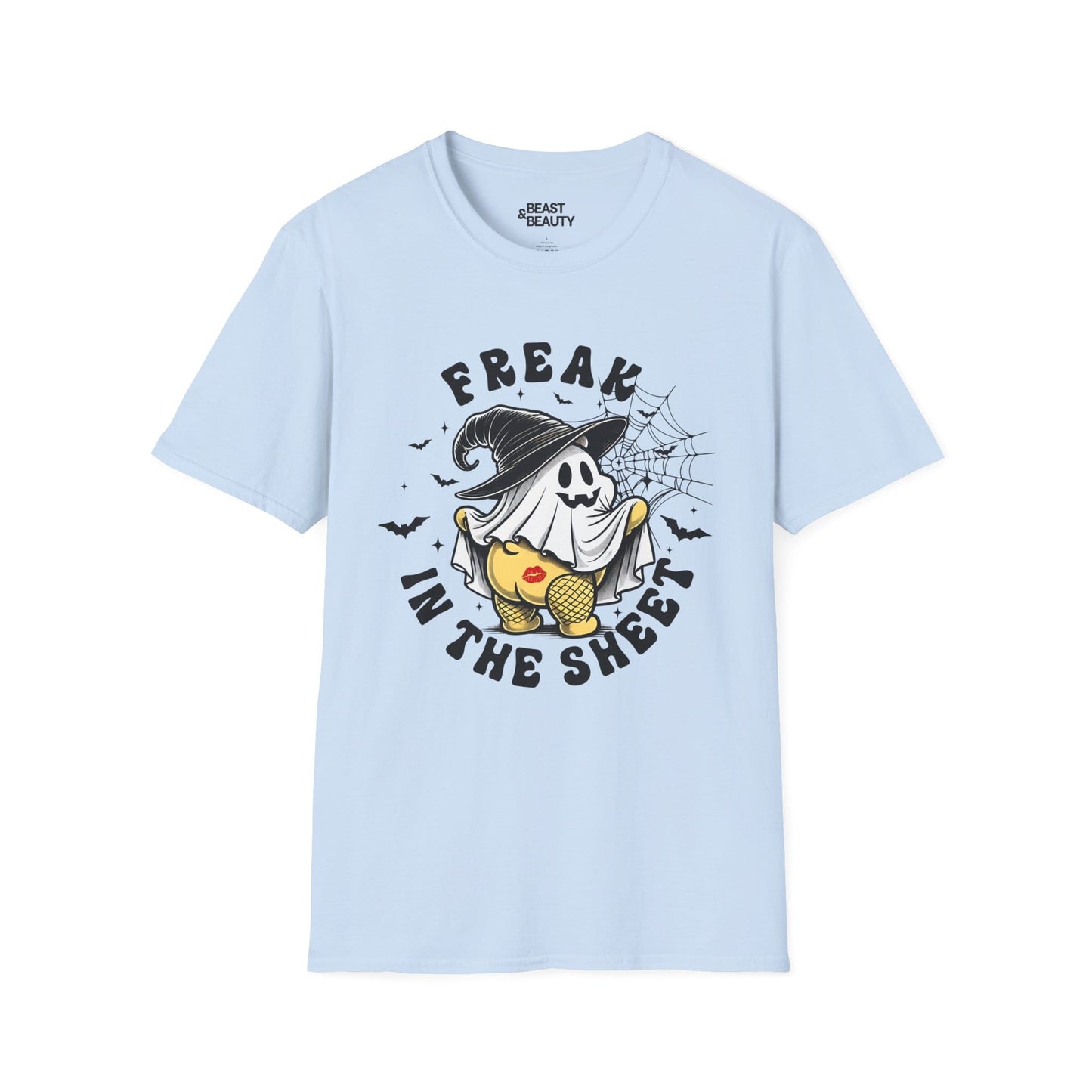 light blue t-shirt with freak in the sheet funny ghost design