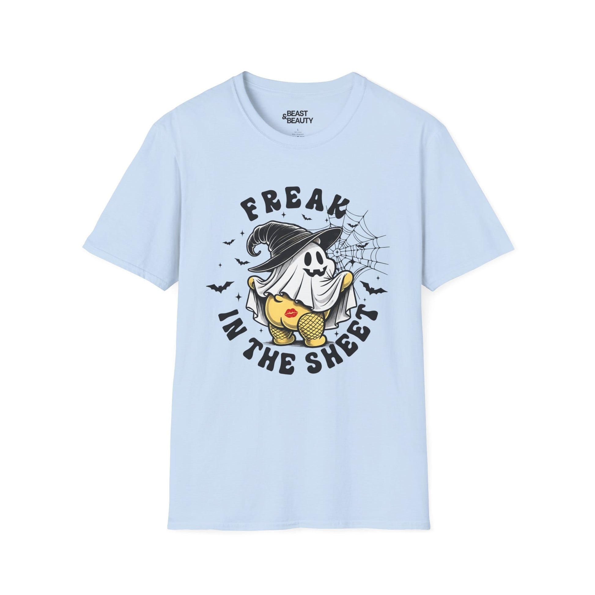 light blue t-shirt with freak in the sheet funny ghost design