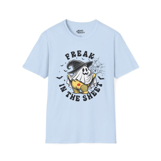 light blue t-shirt with freak in the sheet funny ghost design