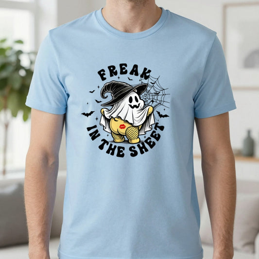 Freak in the Sheet Funny Halloween T-Shirt in Light Blue, worn, our photo
