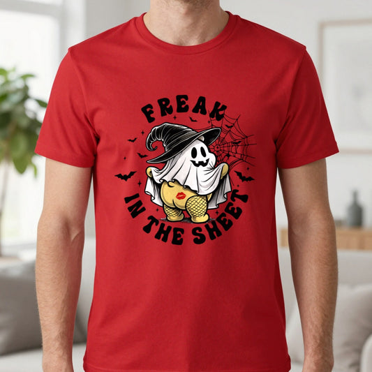 Freak in the Sheet Funny Halloween T-Shirt in Red, worn, our photo