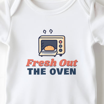 Fresh Out The Oven baby grow print close-up