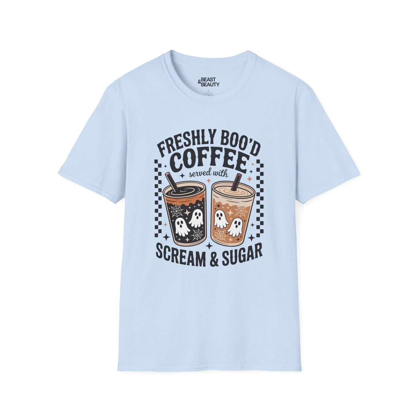 white t-shirt with spooky coffee ghost halloween print