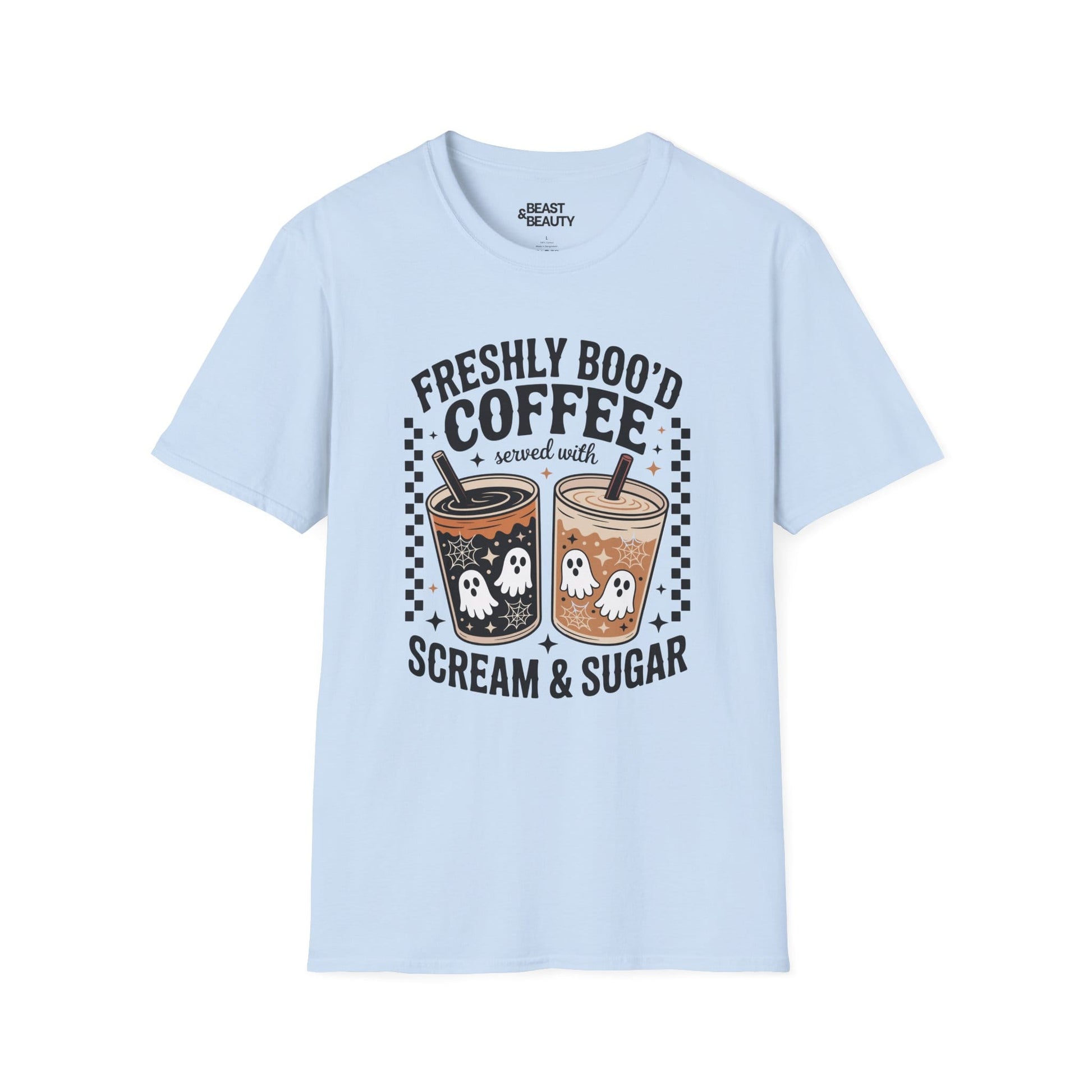white t-shirt with spooky coffee ghost halloween print