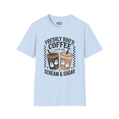 white t-shirt with spooky coffee ghost halloween print