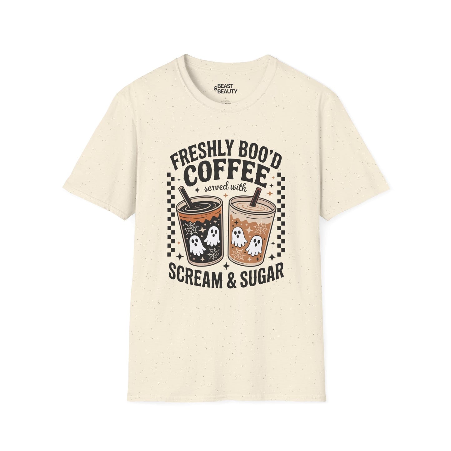 sport grey t-shirt with cute ghost coffee drink design