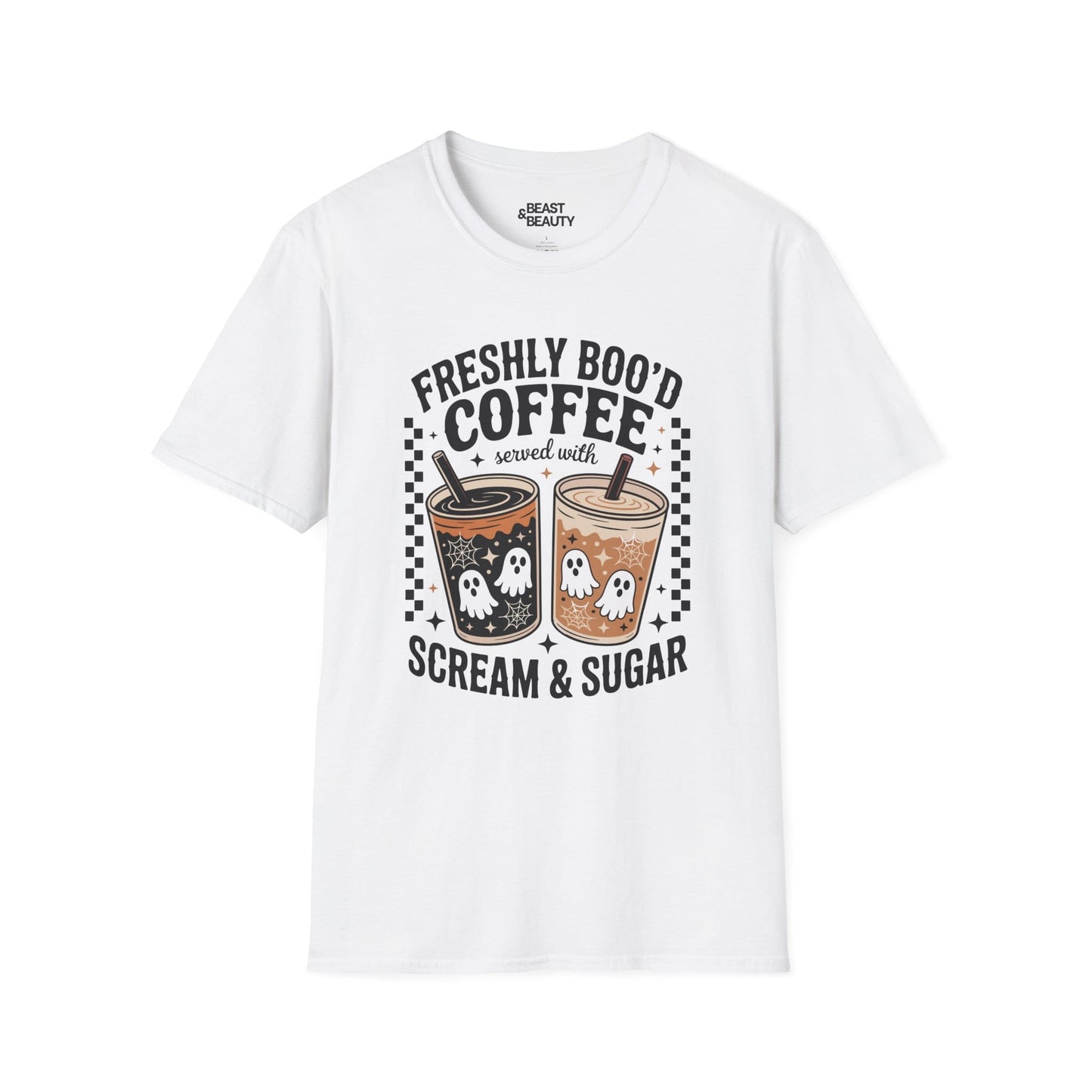 red t-shirt with freshly boo'd coffee ghost graphic