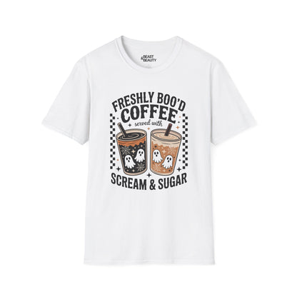 red t-shirt with freshly boo'd coffee ghost graphic