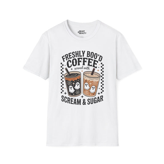 red t-shirt with freshly boo'd coffee ghost graphic