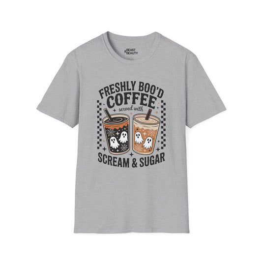 light blue t-shirt with freshly boo'd coffee ghost design