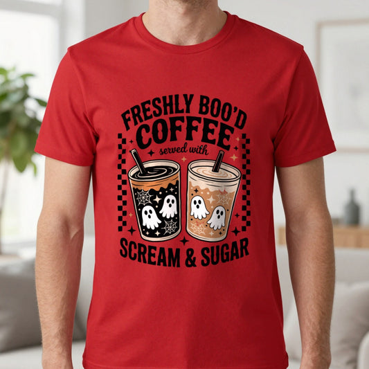 Freshly Boo'd Coffee Halloween Graphic T-Shirt worn, lifestyle photo