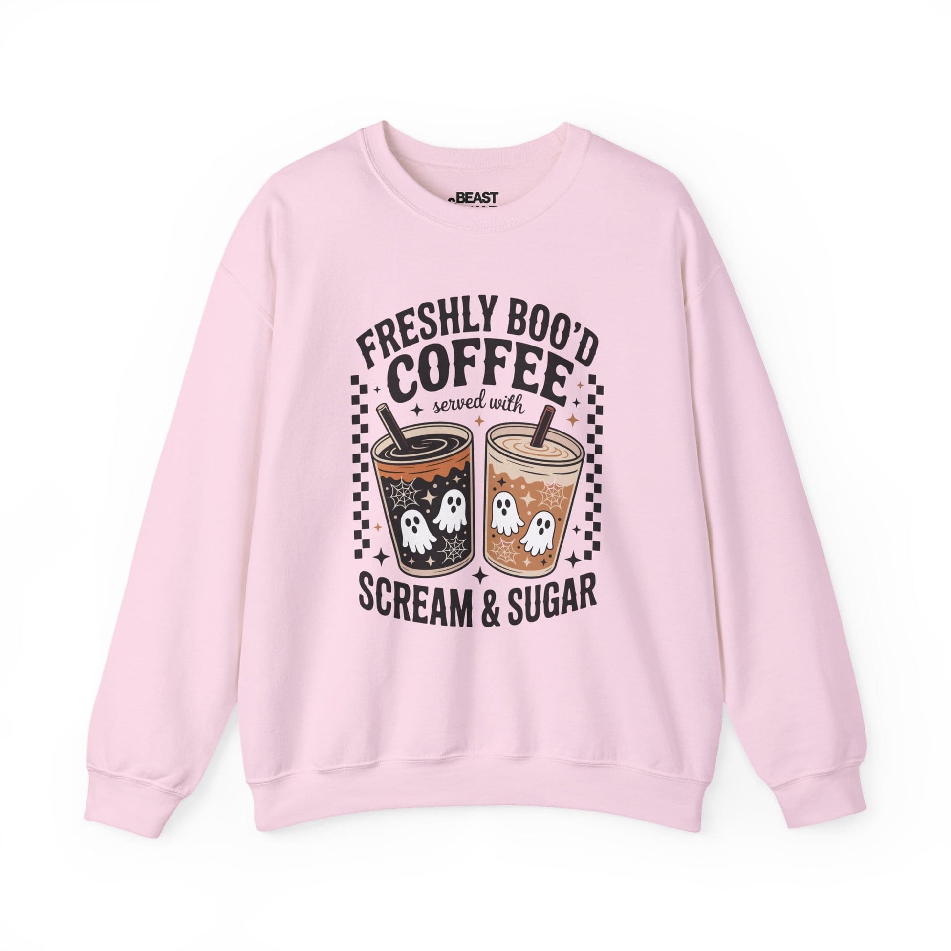 light pink sweatshirt with spooky coffee ghost print