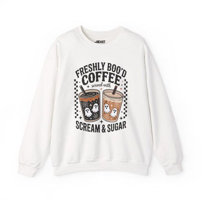 white sweatshirt with freshly boo'd coffee halloween design