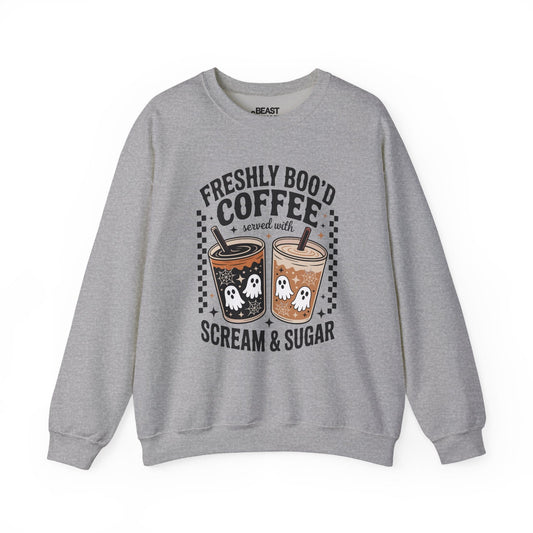 sport grey sweatshirt with playful ghost coffee graphic