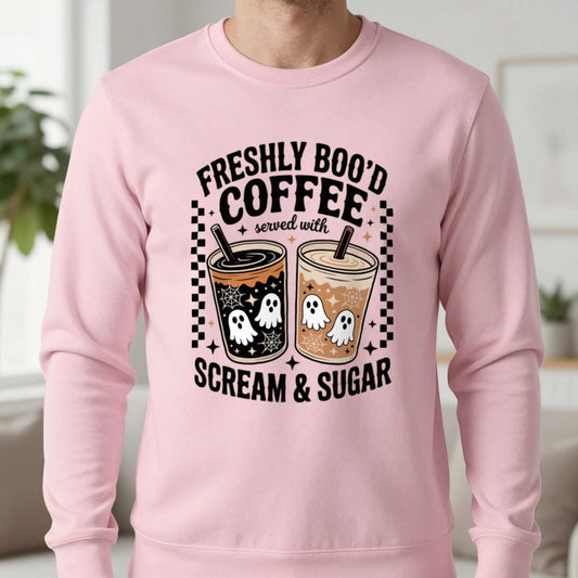 Freshly Boo’d Coffee Halloween Sweatshirt in Light Pink, worn, our photo