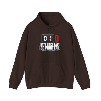 light coloured hoodie with 0 days since last print fail flip clock badge design