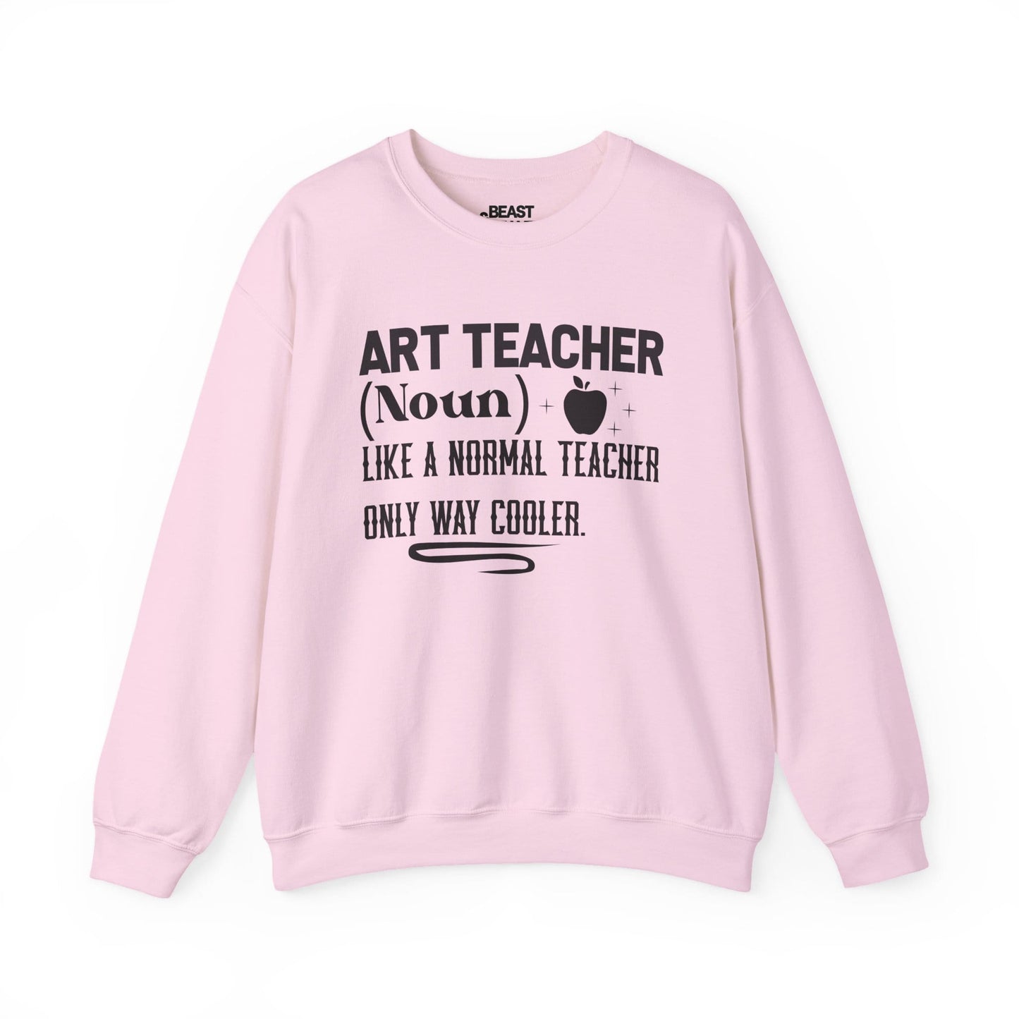 light pink crewneck sweatshirt with funny art teacher design for creative educator