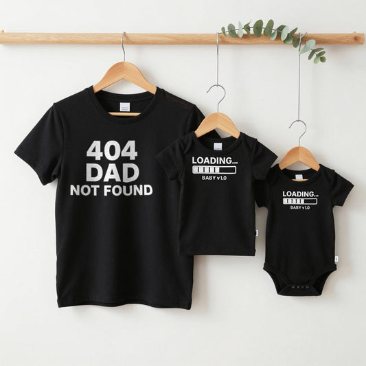 404 Dad Loading grown-up tee, kids tee and baby grow on hangers